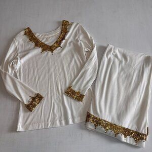 Vintage White w/gold Sequin Long Sleeve Top and Maxi Skirt Set Small Handmade